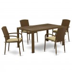 5Pc Outdoor-Furniture Brown Wicker Dining Set, Patio Table, 4 Balcony Backyard Armchair, Cushion