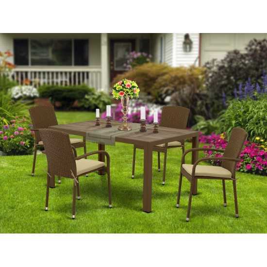 5Pc Outdoor-Furniture Brown Wicker Dining Set, Patio Table, 4 Balcony Backyard Armchair, Cushion