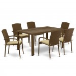 7Pc Outdoor-Furniture Brown Wicker Dining Set, Patio Table, 6 Balcony Backyard Armchair, Cushion