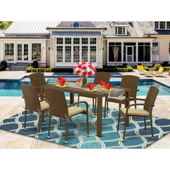 7Pc Outdoor-Furniture Brown Wicker Dining Set, Patio Table, 6 Balcony Backyard Armchair, Cushion