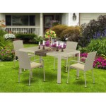 5Pc Outdoor-Furniture Natural Color Wicker Dining Set, Patio Table, 4 Balcony Backyard Armchair, Cushion