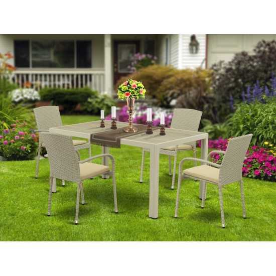 5Pc Outdoor-Furniture Natural Color Wicker Dining Set, Patio Table, 4 Balcony Backyard Armchair, Cushion