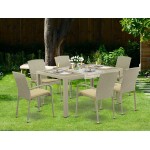 7Pc Outdoor-Furniture Natural Color Wicker Dining Set, Patio Table, 6 Balcony Backyard Armchair, Cushion