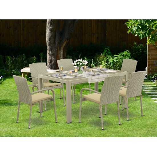 7Pc Outdoor-Furniture Natural Color Wicker Dining Set, Patio Table, 6 Balcony Backyard Armchair, Cushion