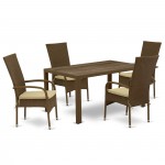 5Pc Outdoor-Furniture Brown Wicker Dining Set, Patio Table, 4 Balcony Backyard Armchair, Cushion