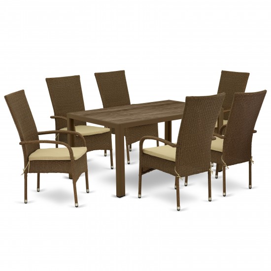 7Pc Outdoor-Furniture Brown Wicker Dining Set, Patio Table, 6 Balcony Backyard Armchair, Cushion