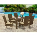 7Pc Outdoor-Furniture Brown Wicker Dining Set, Patio Table, 6 Balcony Backyard Armchair, Cushion