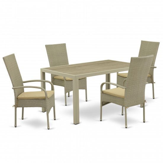 5Pc Outdoor-Furniture Natural Color Wicker Dining Set, Patio Table, 4 Balcony Backyard Armchair, Cushion