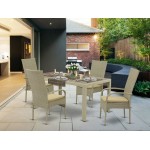 5Pc Outdoor-Furniture Natural Color Wicker Dining Set, Patio Table, 4 Balcony Backyard Armchair, Cushion