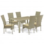 7Pc Outdoor-Furniture Natural Color Wicker Dining Set, Patio Table, 6 Balcony Backyard Armchair, Cushion