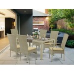 7Pc Outdoor-Furniture Natural Color Wicker Dining Set, Patio Table, 6 Balcony Backyard Armchair, Cushion