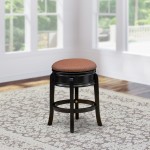 Bar Stool- Backless Stool, Round Shape, Brown Roast Pu Leather Seat, 4 Solid Wood Curved Legs, Stool Counter Height In Black 