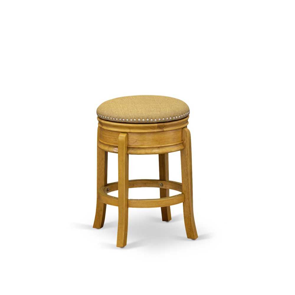 Wood Bar Stool- Stool Counter Height, Round Shape, Vegas Gold Pu Leather Seat, 4 Hardwood Curved Legs, Round Stool In Oak End