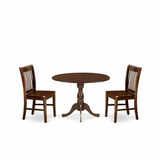 3 Pc Kitchen Dining Set, Mahogany Dropleaf Table, 2 Mahogany Chairs, Slatted Back, Mahogany Finish