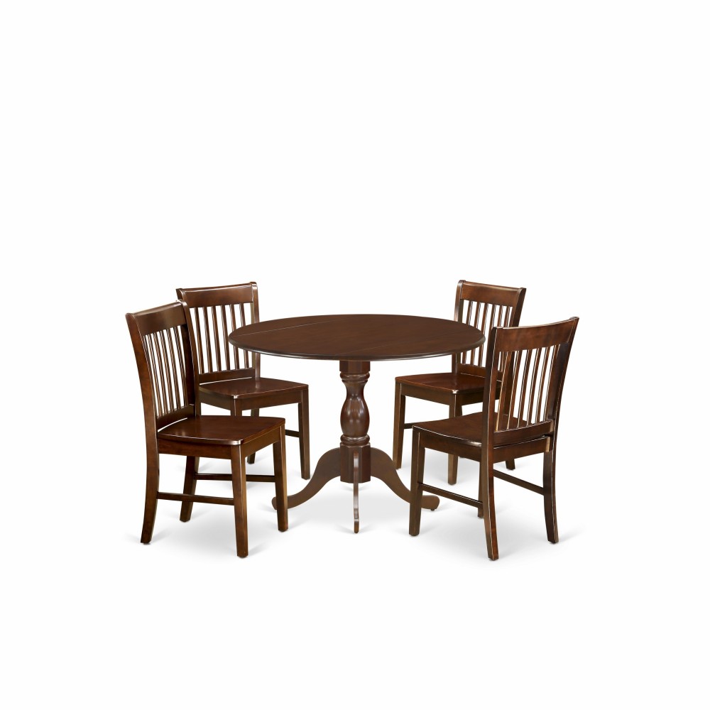 5 Pc Dining Set, Mahogany Dropleaf Table, 4 Mahogany Chairs, Slatted Back, Mahogany Finish