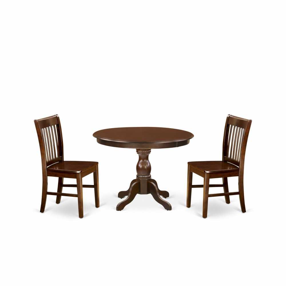 3 Pc Dining Set, Small Kitchen Table, 2 Mahogany & Chairs Button Tufted Back, Nail Heads, Mahogany Finish