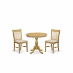 3 Pc Dining Set, 1 Wooden Dining Table, 2 Oak Chairs, Slatted Back, Oak Finish