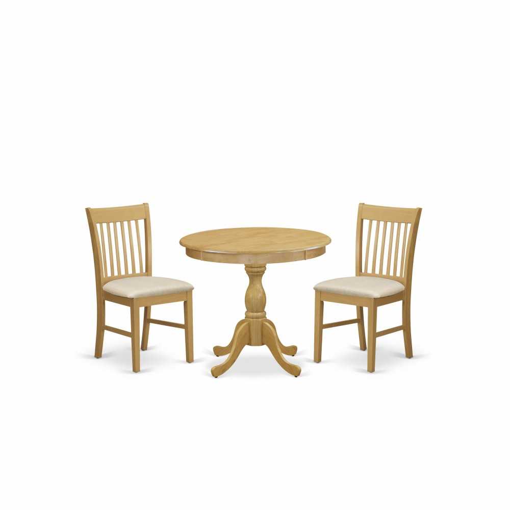 3 Pc Dining Set, 1 Wooden Dining Table, 2 Oak Chairs, Slatted Back, Oak Finish