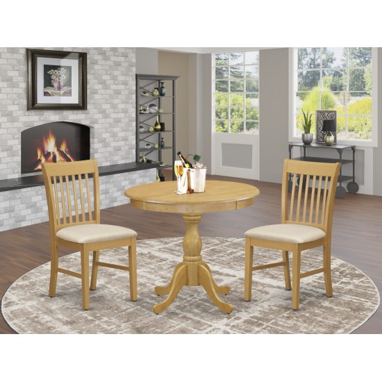 3 Pc Dining Set, 1 Wooden Dining Table, 2 Oak Chairs, Slatted Back, Oak Finish