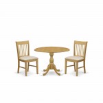 3 Pc Dining Set, Oak Wood Table, 2 Oak Kitchen Chairs, Slatted Back, Oak Finish