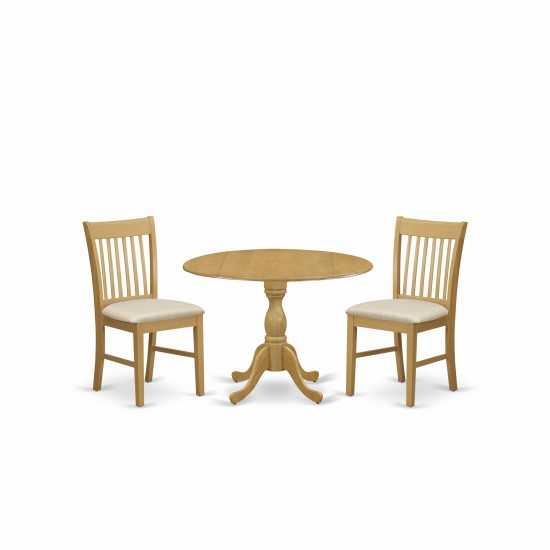 3 Pc Dining Set, Oak Wood Table, 2 Oak Kitchen Chairs, Slatted Back, Oak Finish