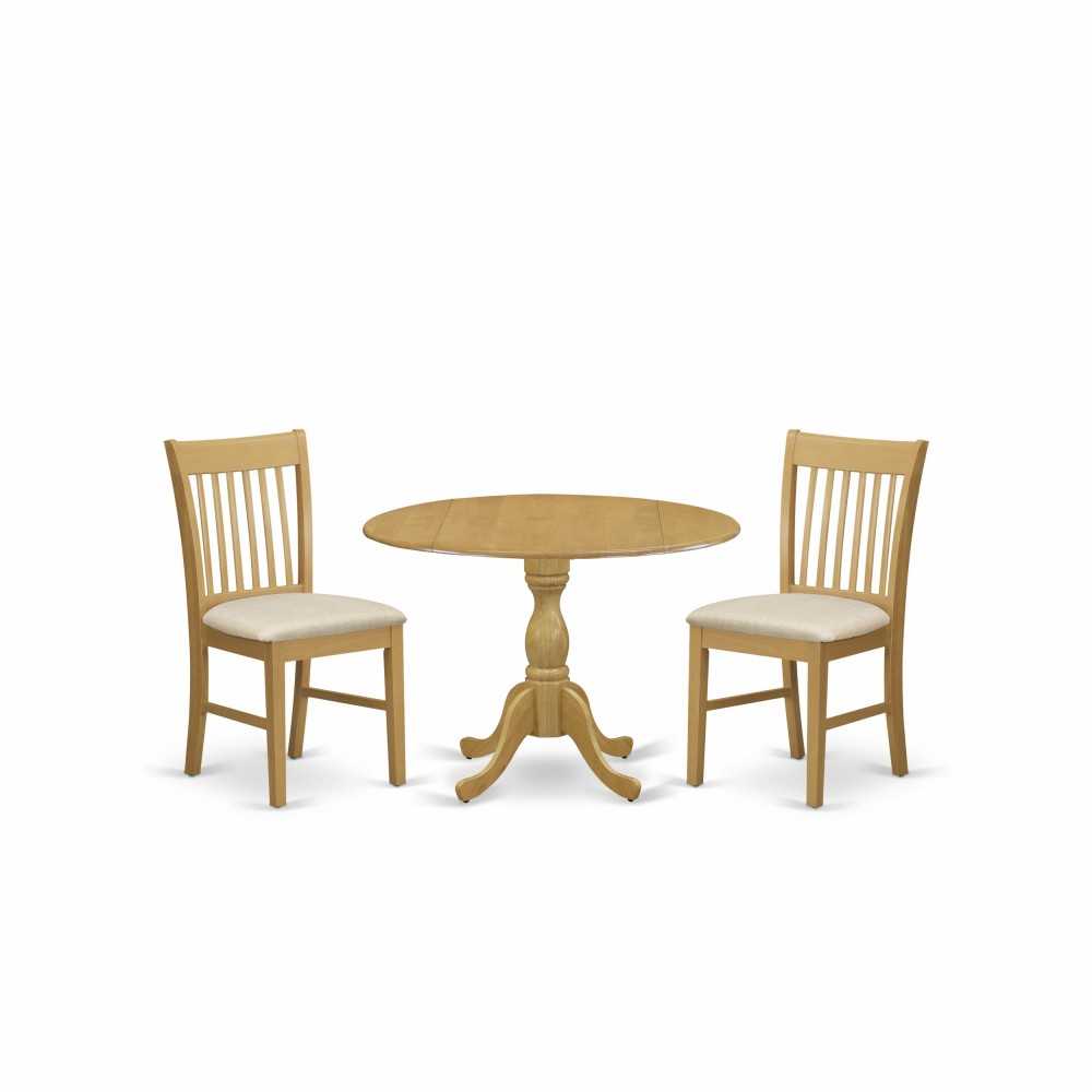 3 Pc Dining Set, Oak Wood Table, 2 Oak Kitchen Chairs, Slatted Back, Oak Finish