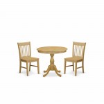 3 Pc Dining Set, 1 Table, 2 Oak Dining Chairs, Slatted Back, Oak Finish