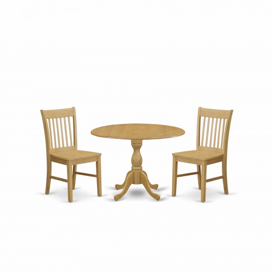 3 Pc Kitchen Dining Set, Oak Wood Table, 2 Oak Chairs, Slatted Back, Oak Finish