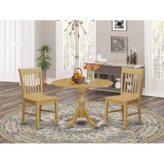 3 Pc Kitchen Dining Set, Oak Wood Table, 2 Oak Chairs, Slatted Back, Oak Finish