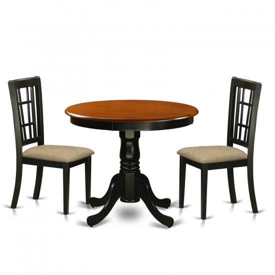 3 Pc Dining Table With 2 Linen Chairs In Black And Cherry