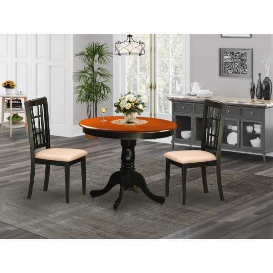 3 Pc Dining Table With 2 Linen Chairs In Black And Cherry