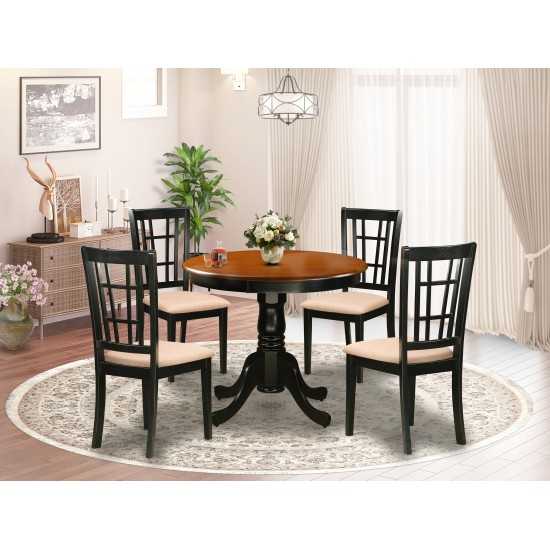 5 Pc Dining Table With 4 Linen Chairs In Black And Cherry