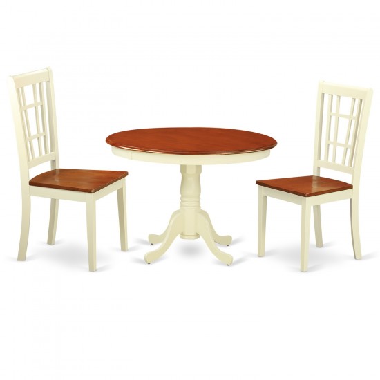 3 Pc Set, Round Small Table, 2 Wood Dinette Chairs In Buttermilk, Cherry .