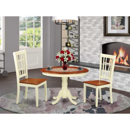 3 Pc Set, Round Small Table, 2 Wood Dinette Chairs In Buttermilk, Cherry .