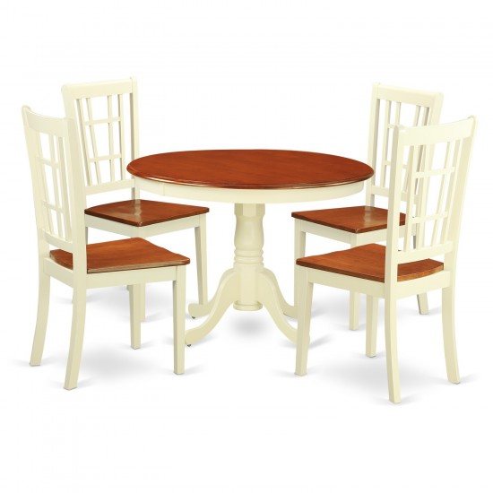 5 Pc Set, Round Table And 4 Leather Kitchen Chairs In Buttermilk And Cherry