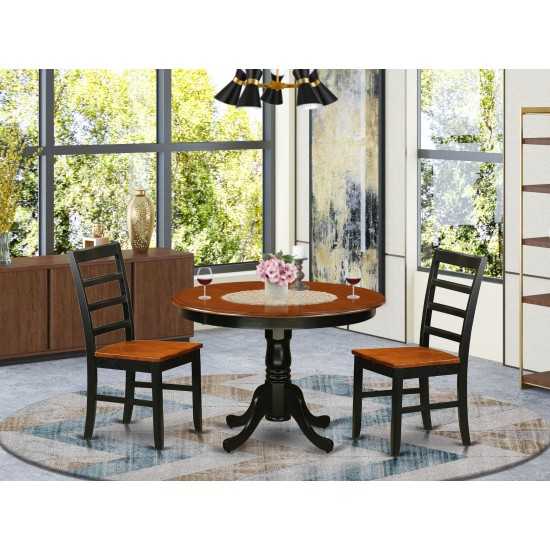 3 Pc Set, Round Small Table And 2 Leather Dinette Chairs In Black And Cherry