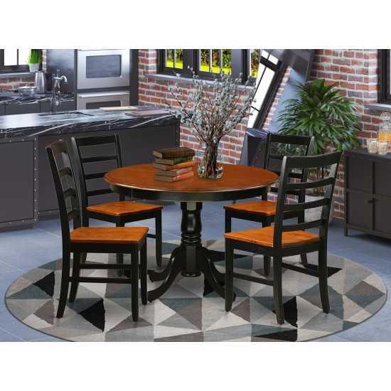 5 Pc Set, Round Dinette Table And 4 Leather Kitchen Chairs In Black And Cherry