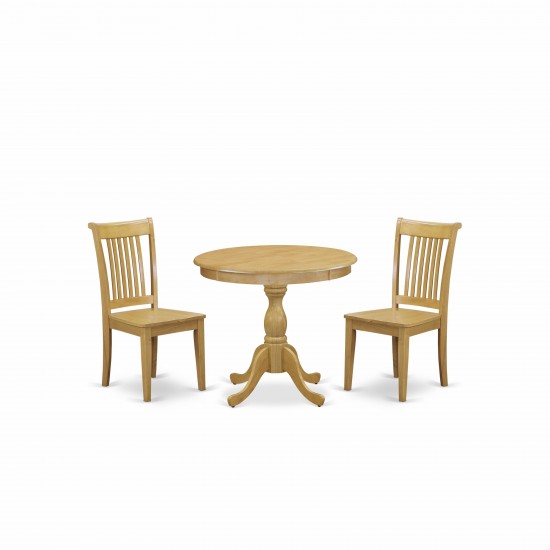 3 Pc Dinette Set, 1 Wood Dining Table, 2 Oak Wood Dining Chairs, Slatted Back Oak Finish