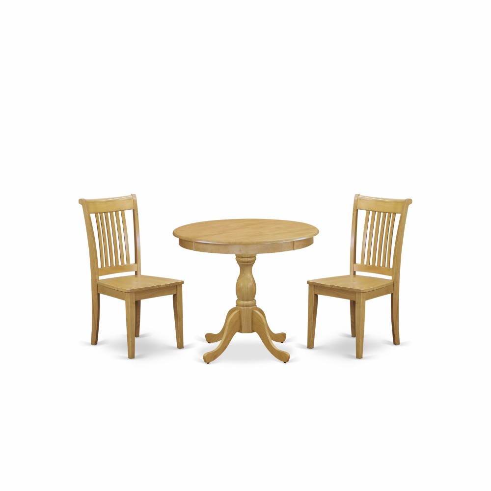 3 Pc Dinette Set, 1 Wood Dining Table, 2 Oak Wood Dining Chairs, Slatted Back Oak Finish