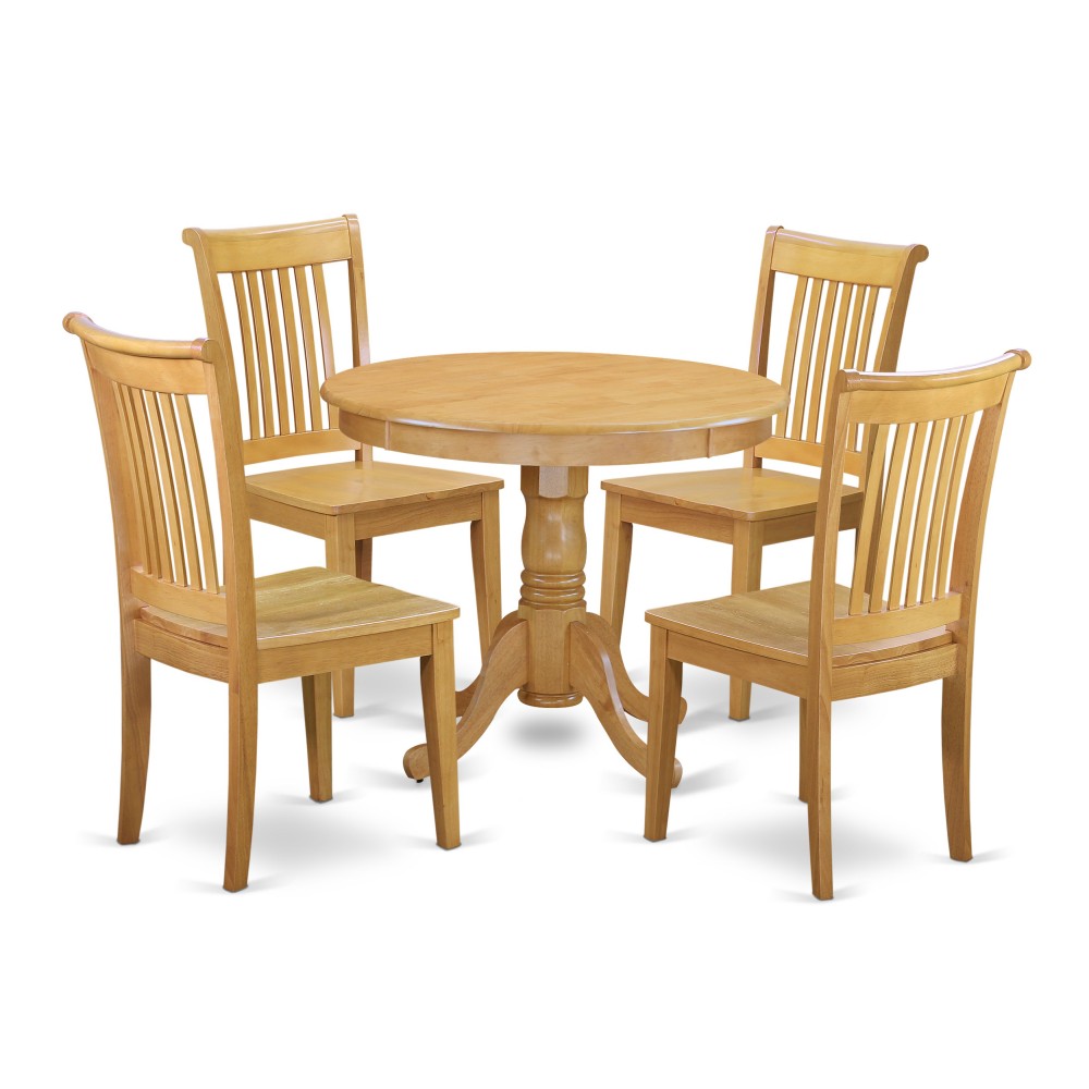 5 Pc Kitchen Table Set, Dining Table And 4 Wood Seat Kitchen Chairs In Oak