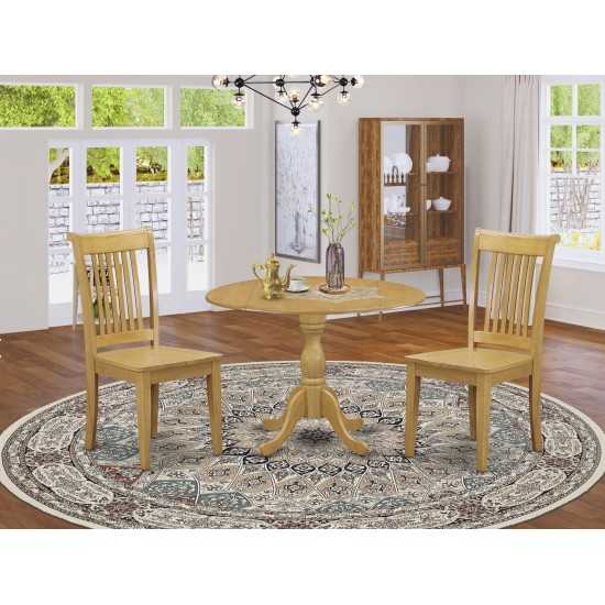 3 Pc Dining Set, Oak Table, 2 Oak Wooden Dining Chairs, Slatted Back, Oak Finish