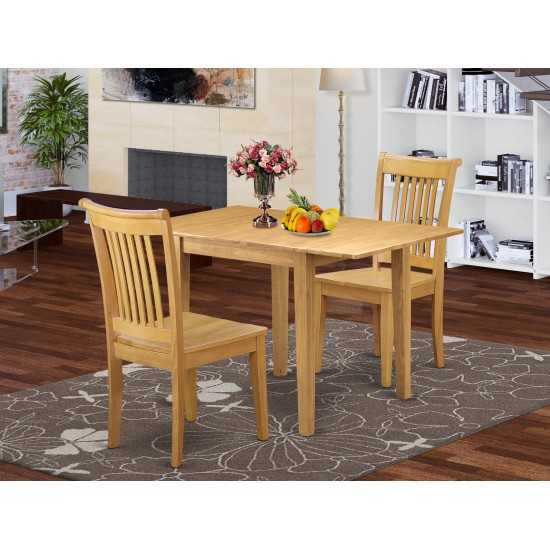 3Pc Wood Dining Set, A Kitchen Table, 2 Dinette Chairs, Solid Wood Seat, Slat Back, Oak Finish