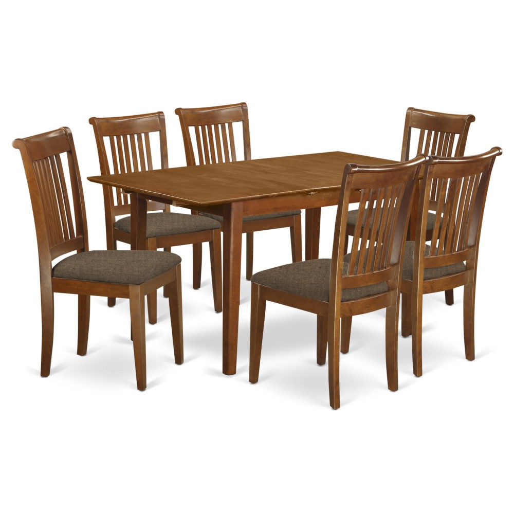 7 Pc Set Rectangular Kitchen Table Featuring 12" Leaf, 6Fabric Kitchen Chairs In Saddle Brown