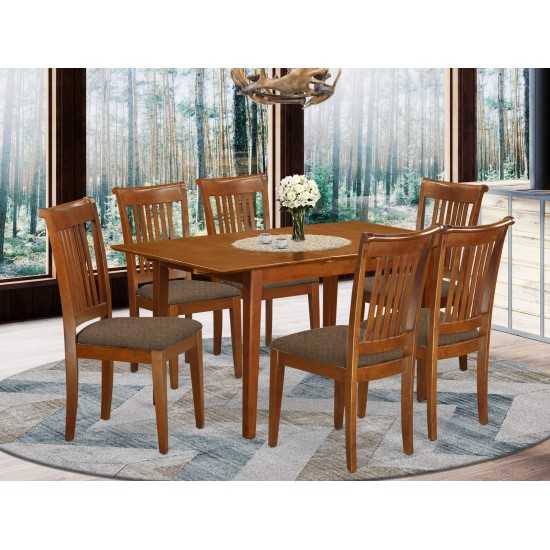 7 Pc Set Rectangular Kitchen Table Featuring 12" Leaf, 6Fabric Kitchen Chairs In Saddle Brown