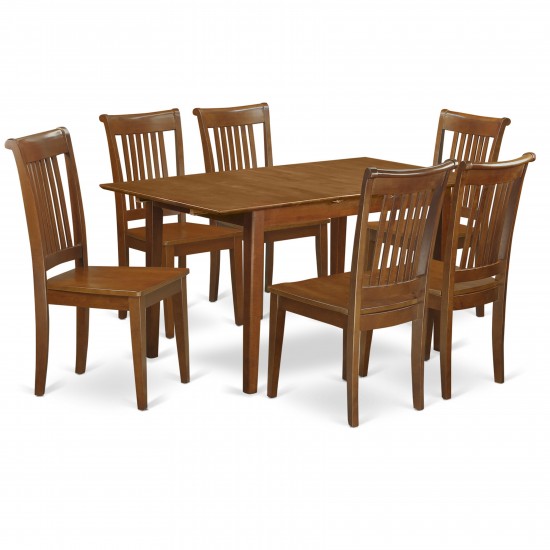 7 Pc Set Rectangular Kitchen Table Having 12" Leaf, 6 Wood Dinette Chairs In Saddle Brown