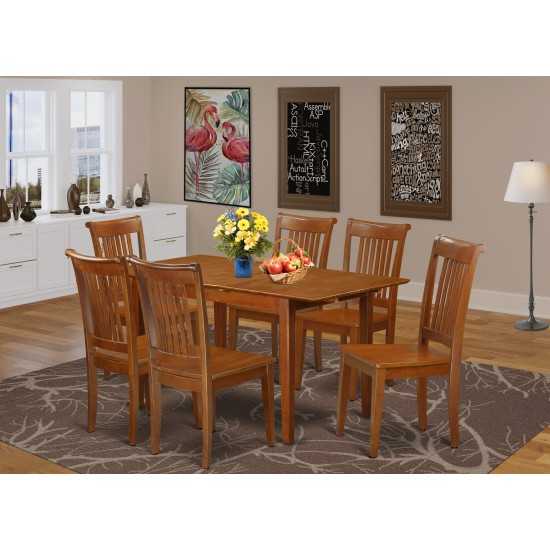 7 Pc Set Rectangular Kitchen Table Having 12" Leaf, 6 Wood Dinette Chairs In Saddle Brown