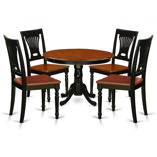 5 Pc Set, Round Small Table And 4 Wood Dinette Chairs In Black And Cherry