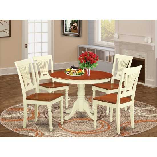 5 Pc Set, Round Small Table, 4 Leather Kitchen Chairs In Buttermilk, Cherry .