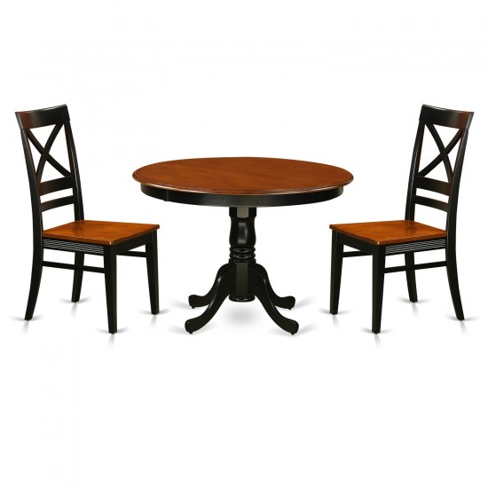 3 Pc Set, Round Dinette Table And 2 Leather Kitchen Chairs In Black And Cherry