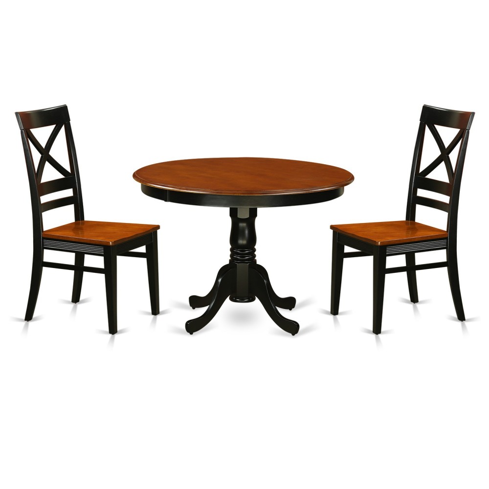 3 Pc Set, Round Dinette Table And 2 Leather Kitchen Chairs In Black And Cherry